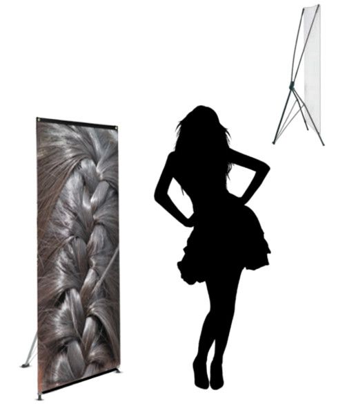 X banner, totem en X en aluminium, pour afficher votre communication en stand, foire, P.L.V.. Dimensions 60x160 cm. 